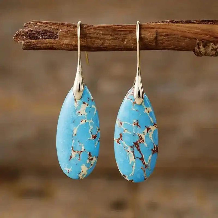 Imperial Jasper Teardrop Earrings: Blue imperial jasper teardrop earrings with brown and cream marbling, promoting peace and balance.