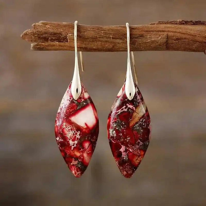 Red Imperial Jasper drop earrings by Crystal Destiny, featuring unique earthy patterns for grounding and balance.