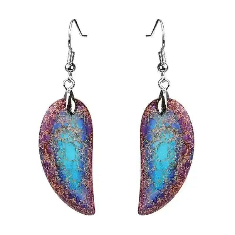 Crystal Destiny Imperial Jasper Leaf Earrings: vibrant blue and purple natural stone dangles for grounding and balance.