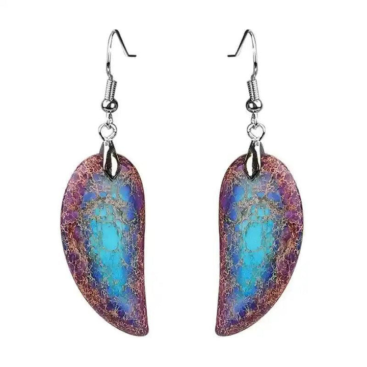 Crystal Destiny Imperial Jasper Leaf Earrings: vibrant blue and purple natural stone dangles for grounding and balance.