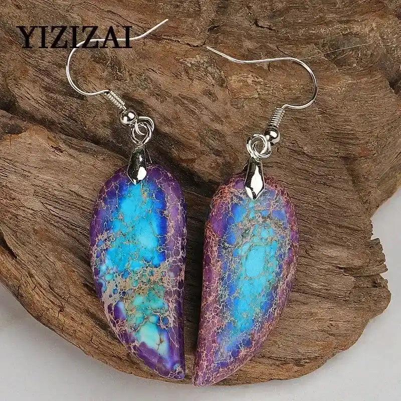 Imperial Jasper Leaf Earrings by Crystal Destiny, featuring vibrant purple and blue natural stone dangles.
