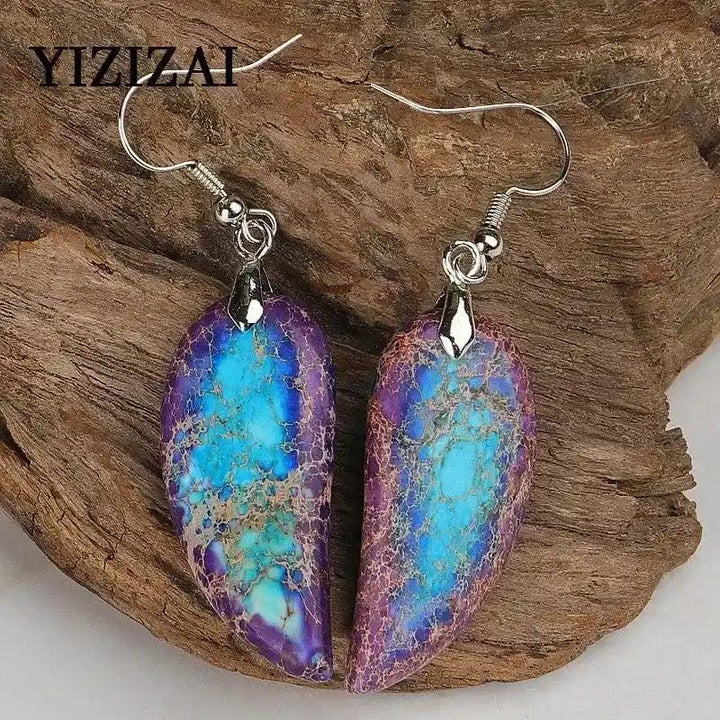 Imperial Jasper Leaf Earrings by Crystal Destiny, featuring vibrant purple and blue natural stone dangles.