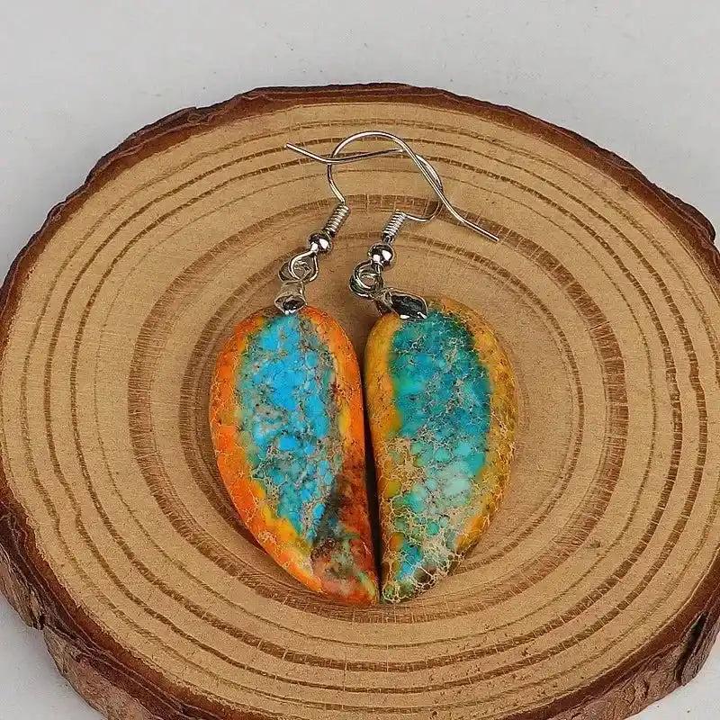 Crystal Destiny Imperial Jasper Leaf Earrings with vibrant blue and orange hues for grounding and emotional balance.