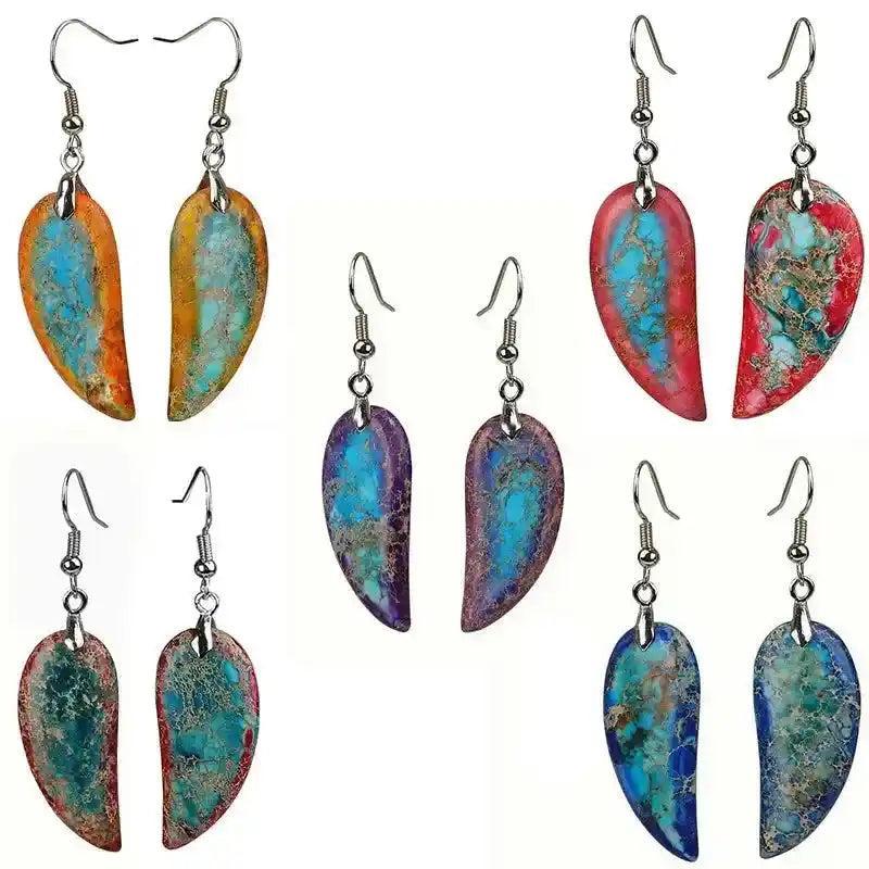 Crystal Destiny Imperial Jasper Leaf Earrings: Colorful, natural stone dangles for grounding and style.