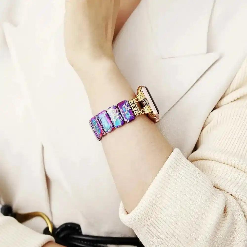Imperial Jasper Smartwatch Band: Purple Blue Gold natural stone, elastic design, grounding Root Chakra energy.