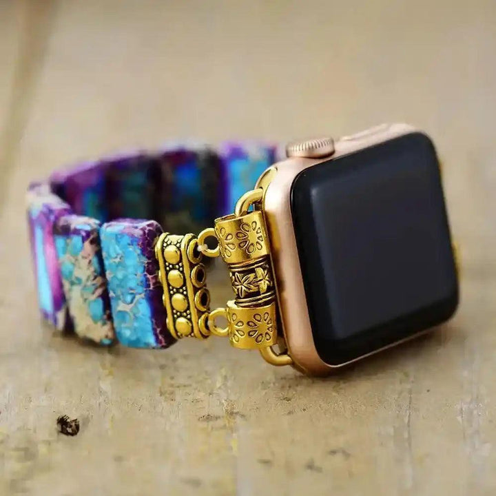 Imperial Jasper Smartwatch Band with rectangular purple-blue, turquoise, and gold natural stones, grounding Root Chakra energy.