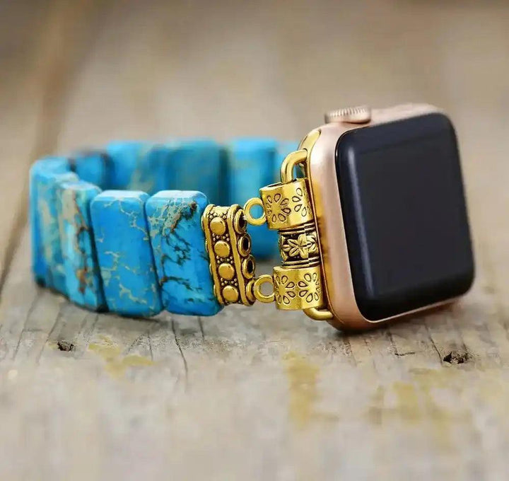 Imperial Jasper Smartwatch Band: vibrant blue rectangular stones, gold accents, elastic design for grounding and stability.