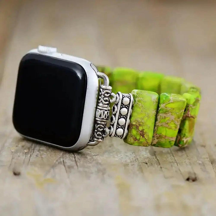 Vibrant green Imperial Jasper Smartwatch Band with rectangular stones and ornate silver accents, promoting grounding and stability.
