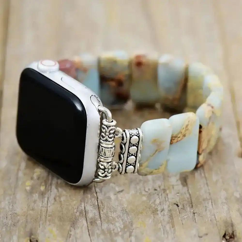 Imperial Jasper Smartwatch Band: rectangular natural stone beads in earthy blue-gold tones, elastic design for grounding.