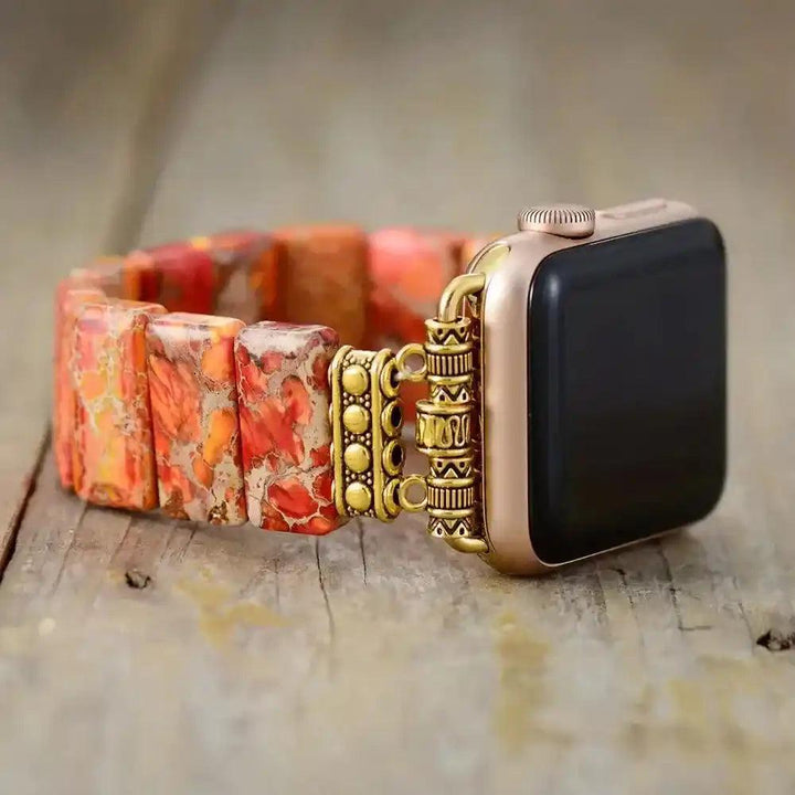 Imperial Jasper Smartwatch Band in warm natural tones, featuring rectangular stones and ornate gold-tone hardware for grounding.
