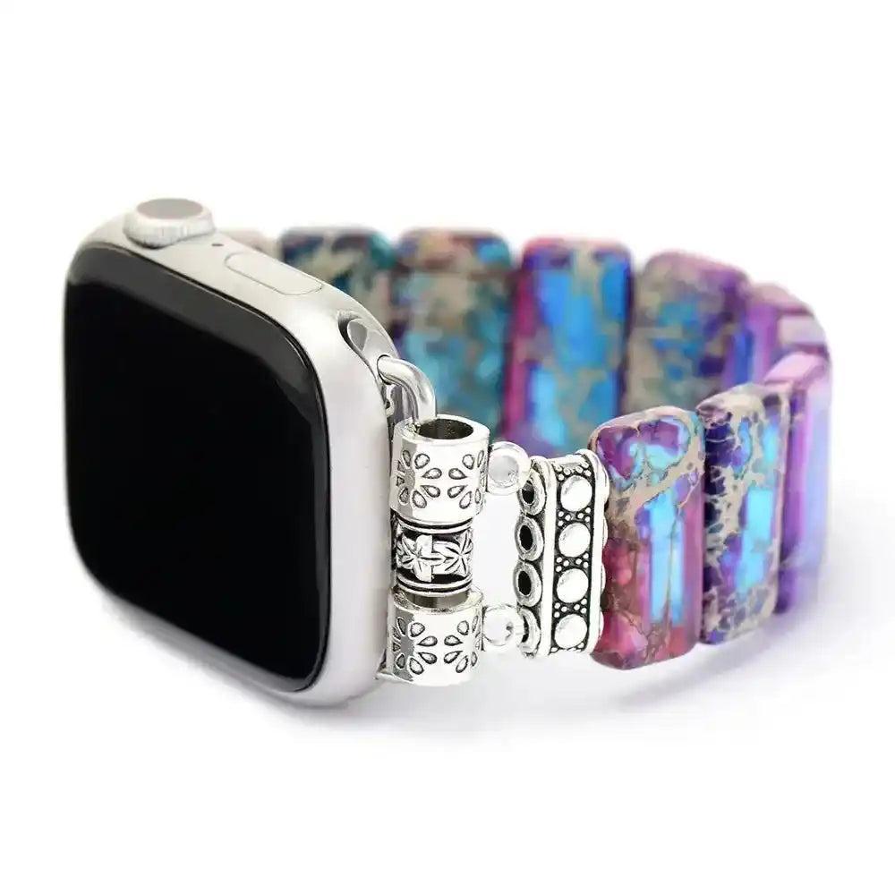Imperial Jasper Smartwatch Band: Purple Blue Gold natural stone, rectangular, elastic, for grounding and stability.