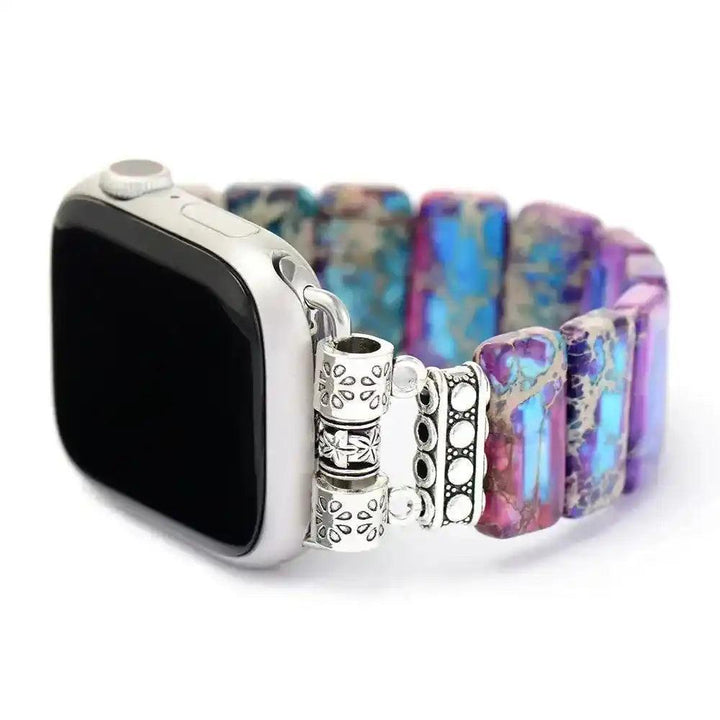 Imperial Jasper Smartwatch Band: Purple Blue Gold natural stone, rectangular, elastic, for grounding and stability.