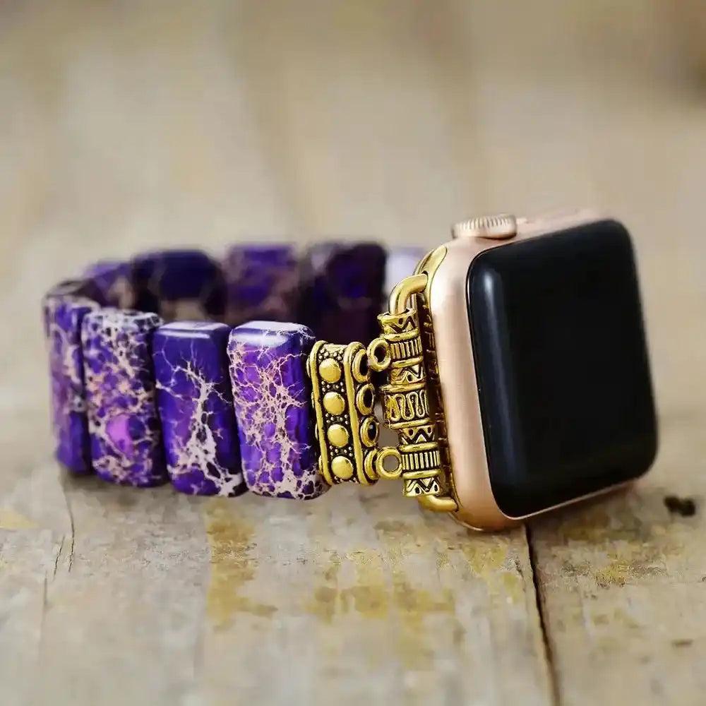 Imperial Jasper Smartwatch Band: Purple-blue rectangular stones with gold accents, grounding Root Chakra energy.