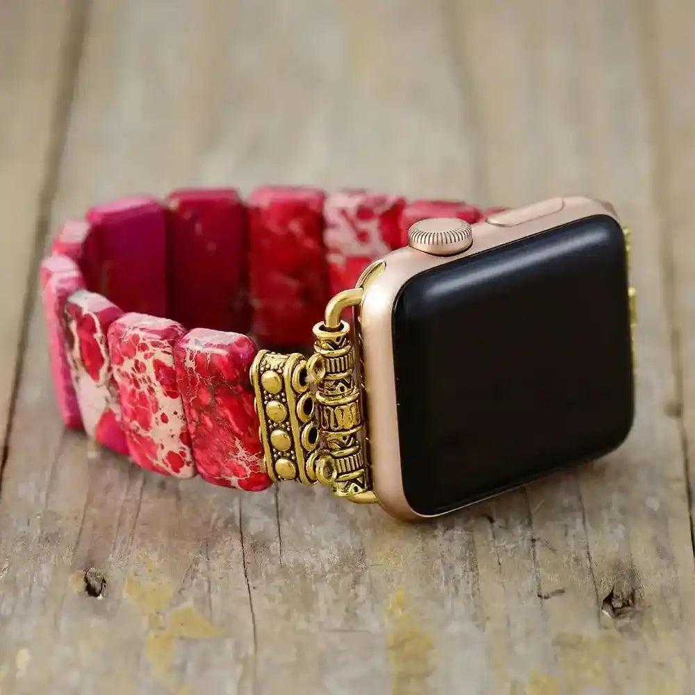 Imperial Jasper Smartwatch Band in vibrant red, featuring polished rectangular stones and ornate gold accents for grounding energy.