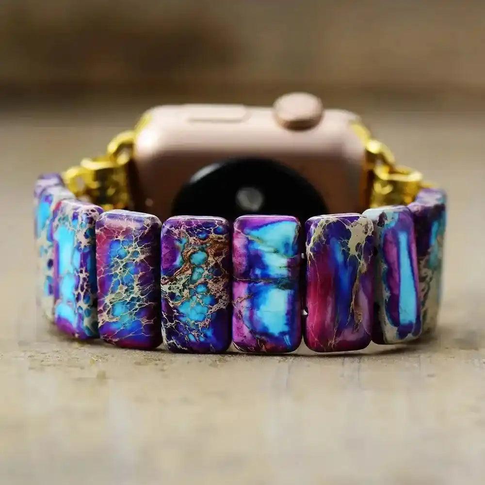 Imperial Jasper Smartwatch Band with rectangular purple-blue, turquoise, and magenta stones, grounding Root Chakra energy.
