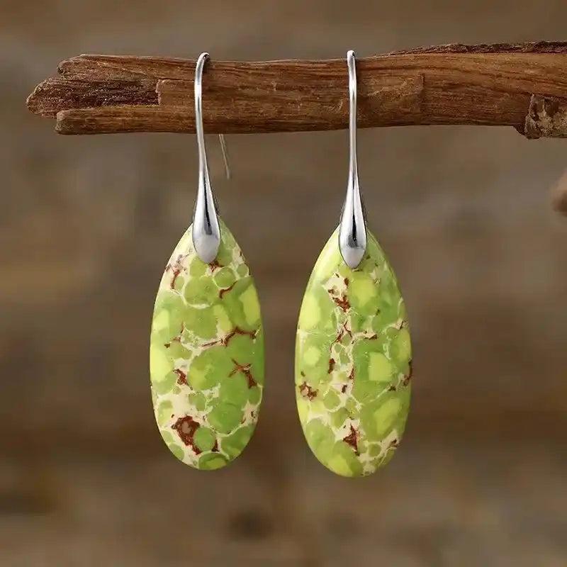 Green Imperial Jasper teardrop dangle earrings from Crystal Destiny, promoting grounding and tranquility.