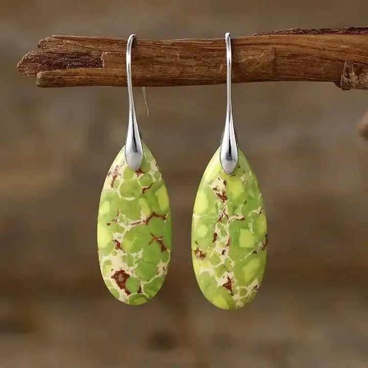 Green Imperial Jasper teardrop dangle earrings from Crystal Destiny, promoting grounding and tranquility.