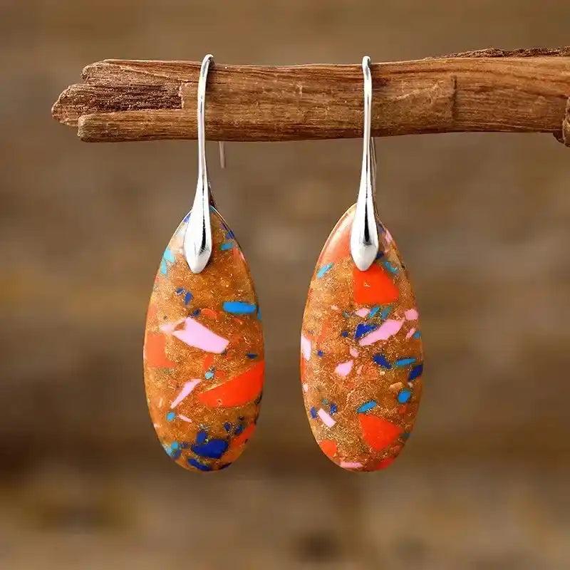 Crystal Destiny Imperial Jasper teardrop earrings with orange, blue, and pink flecks, set in silver.