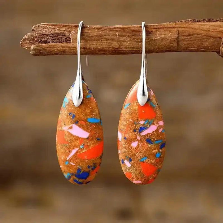 Crystal Destiny Imperial Jasper teardrop earrings with orange, blue, and pink flecks, set in silver.