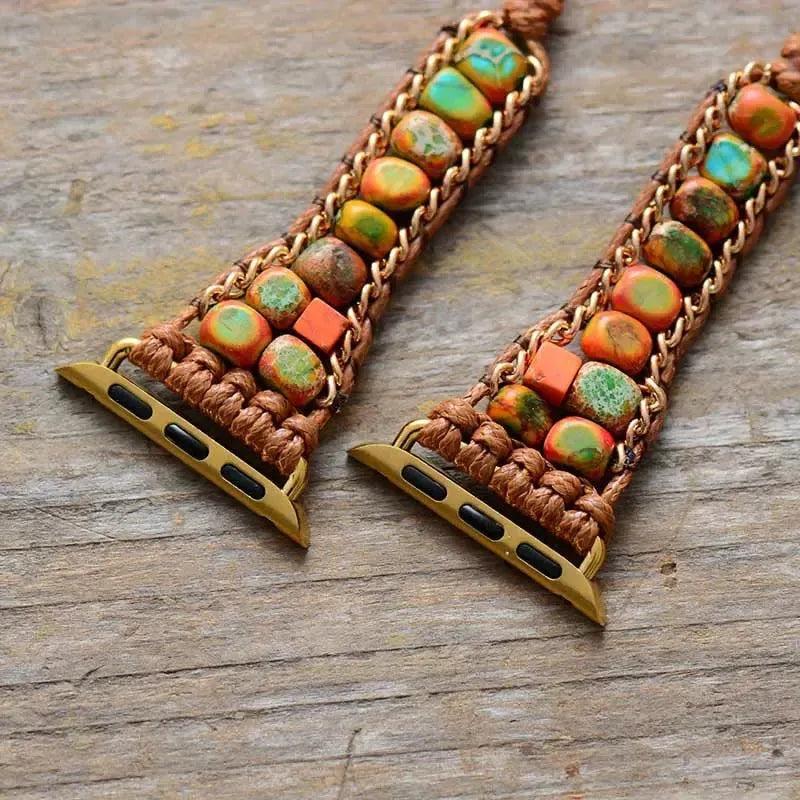 Bohemian Imperial Jasper wrap Apple iWatch band by Crystal Destiny, featuring colorful natural stones and a braided vegan rope.