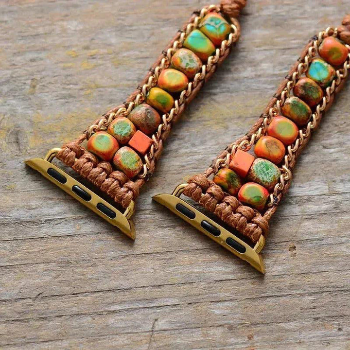 Bohemian Imperial Jasper wrap Apple iWatch band by Crystal Destiny, featuring colorful natural stones and a braided vegan rope.
