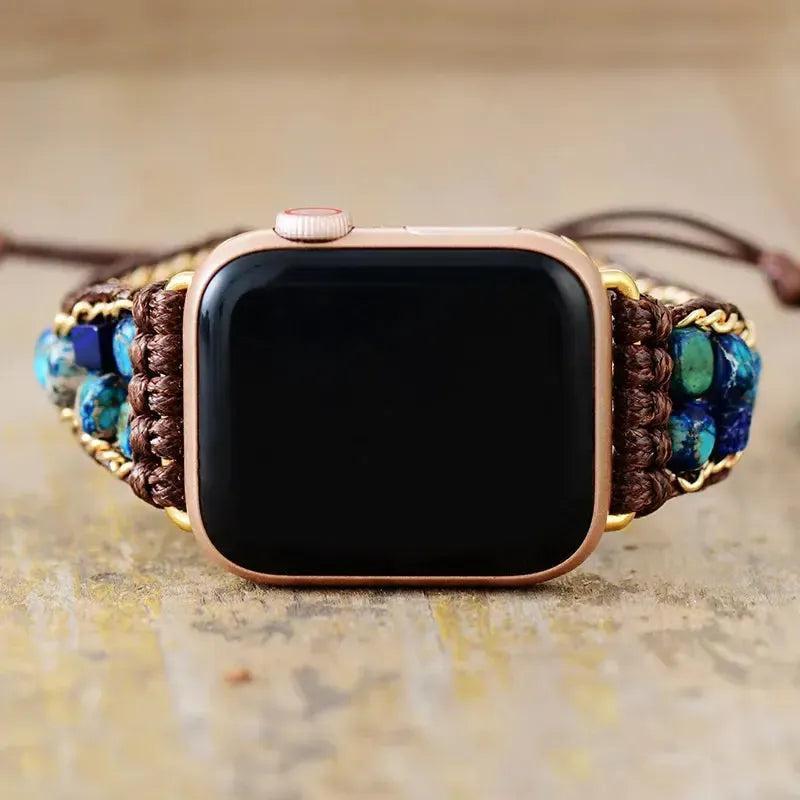 Rose gold Apple Watch with a bohemian wrap band featuring blue and green Imperial Jasper beads from Crystal Destiny.