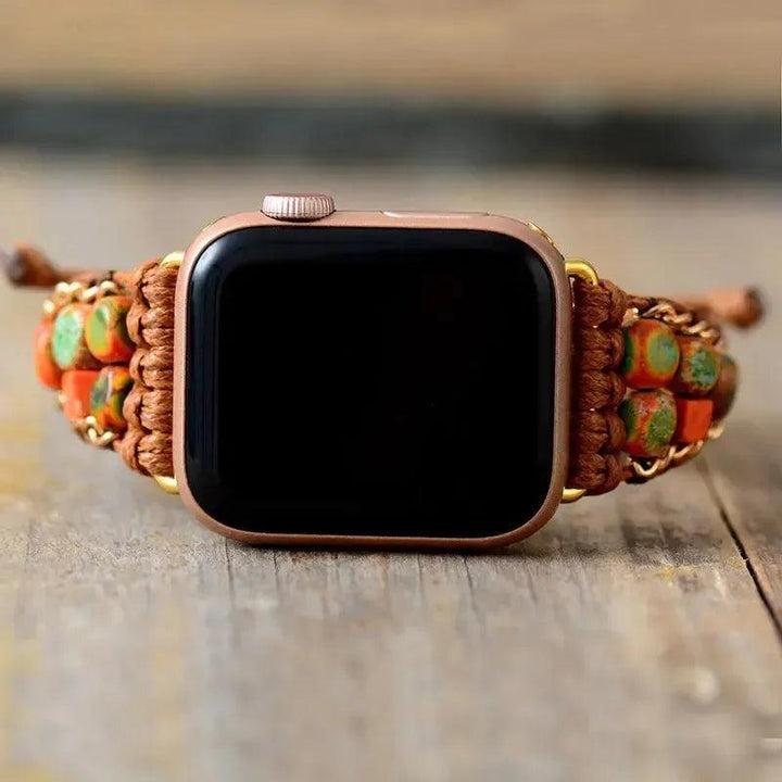 Crystal Destiny Imperial Jasper Apple Watch band with earthy green and orange beads, promoting stability.