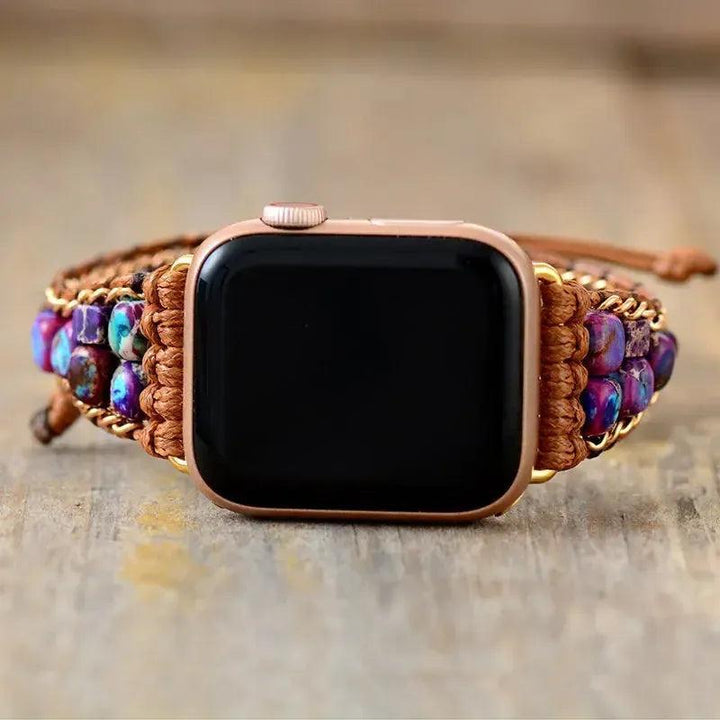 Purple Imperial Jasper wrap Apple iWatch band by Crystal Destiny, featuring natural stones woven into a brown vegan rope.