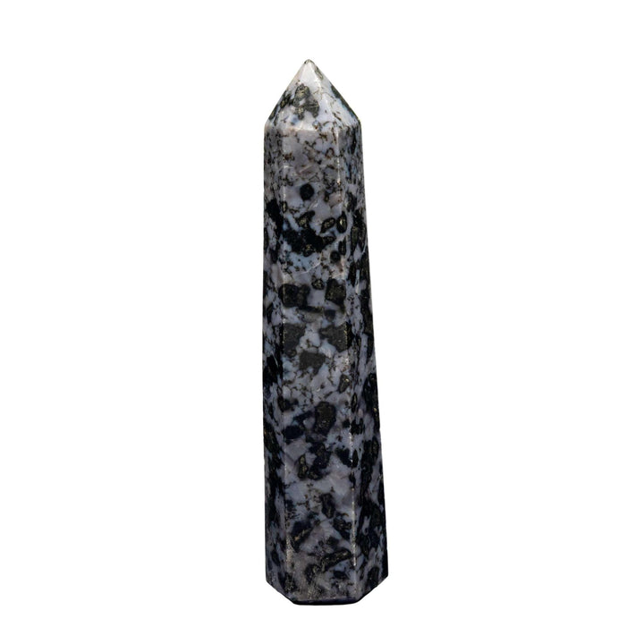Indigo Gabbro Tower: Hand-polished, deep blue-black crystal with white and indigo inclusions, directing expansive energy.