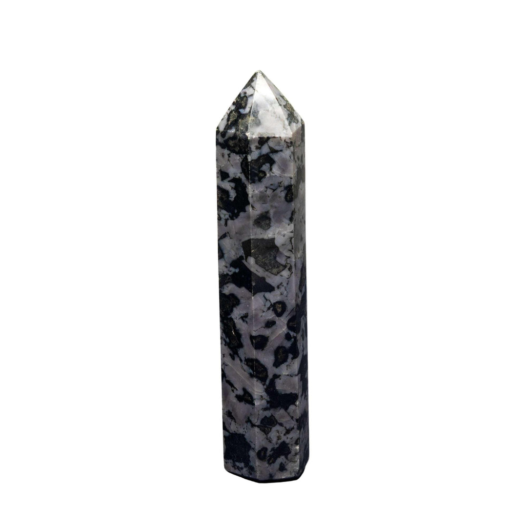 Indigo Gabbro Tower: Hand-polished, deep blue-black crystal with white and indigo inclusions, directing expansive energy.