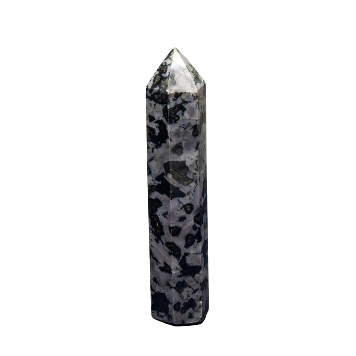 Indigo Gabbro Tower: Hand-polished, deep blue-black crystal with white and indigo inclusions, directing expansive energy.