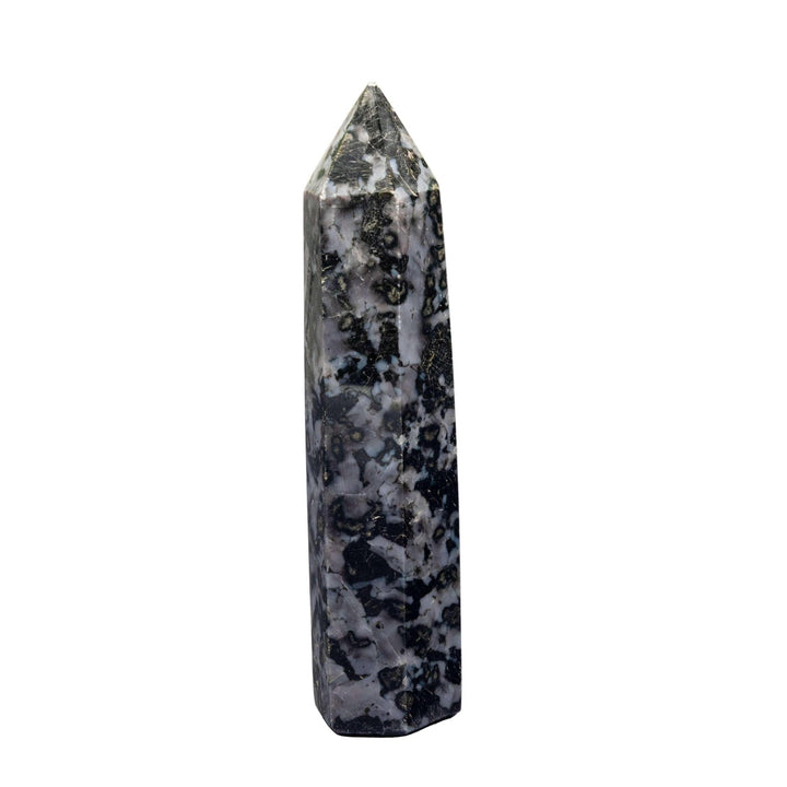 Hand-polished Indigo Gabbro Tower with deep blue-black, white, and indigo galaxy-like patterns, directing expansive energy.