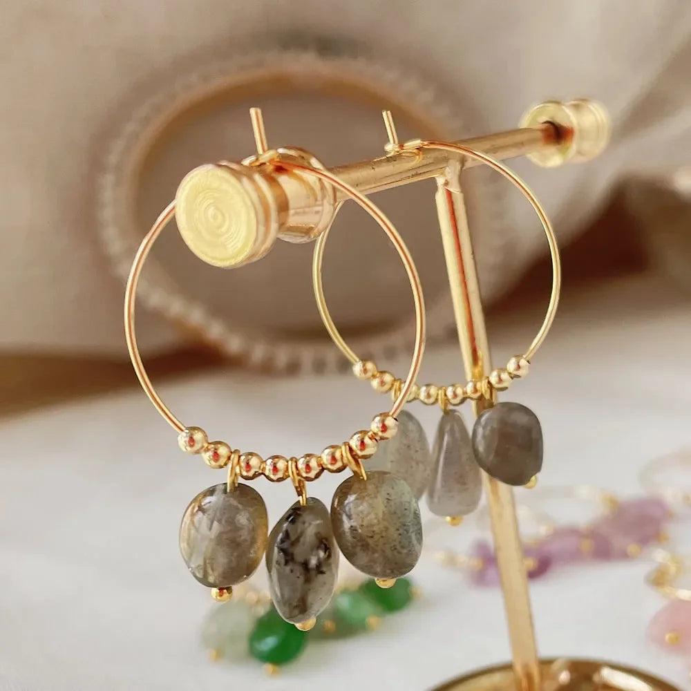 Irregular Labradorite Crystal Stone Dangle Hoop Earrings with gold stainless steel, showcasing raw, unpolished energy.