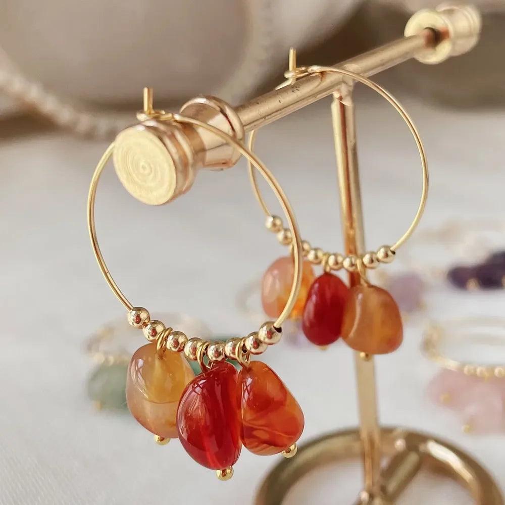 Irregular Red Agate Crystal Stone Dangle Hoop Earrings with gold stainless steel hoops, radiating raw, unpolished energy.