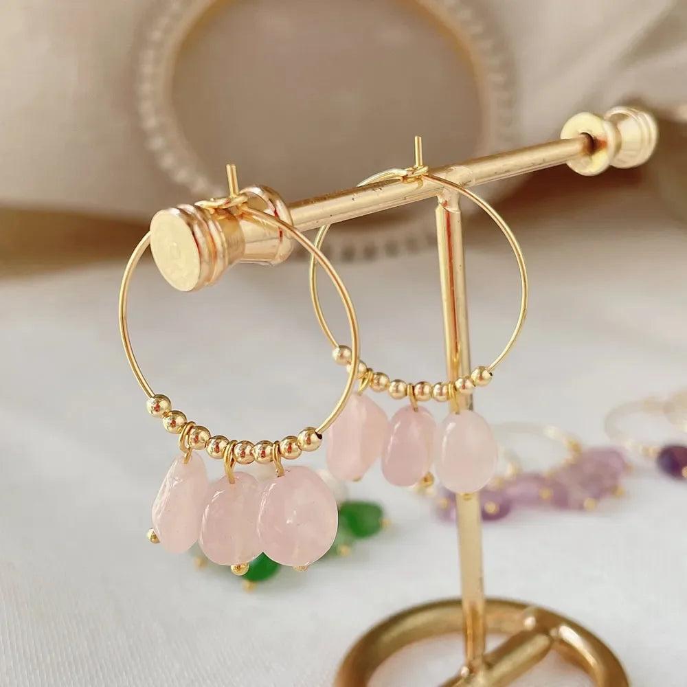 Irregular Rose Quartz Crystal Stone Dangle Hoop Earrings for Women, promoting heart chakra healing.