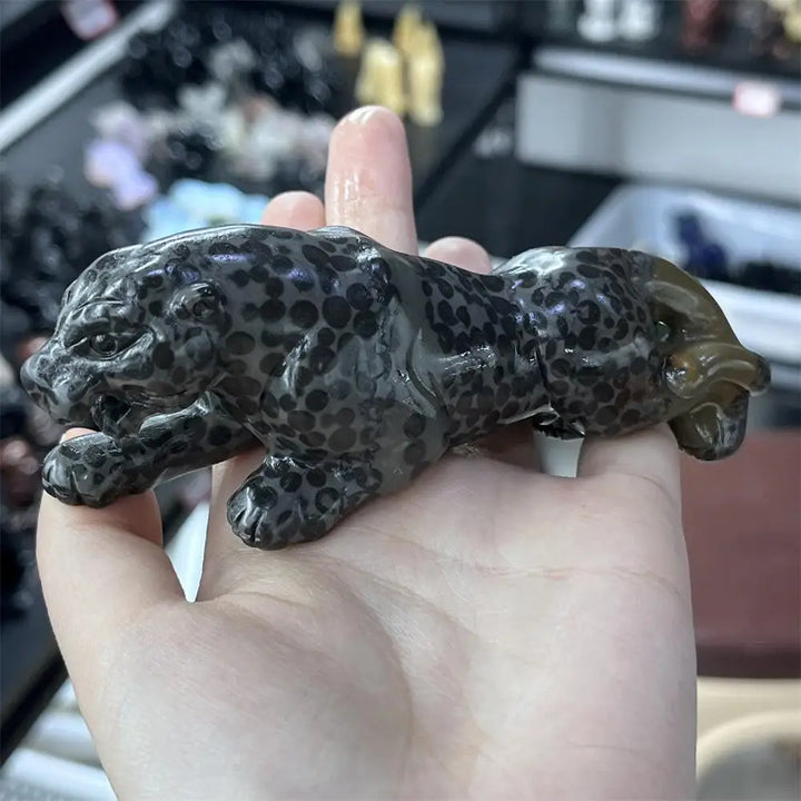 Hand-carved Jasper crystal leopard statue with natural spotted patterns for grounding, strength, and primal focus.