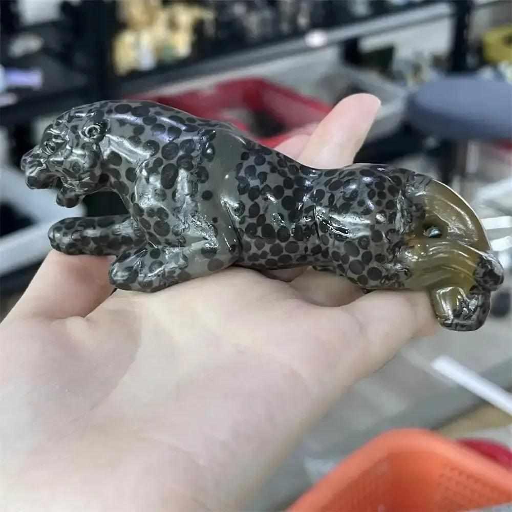 Hand-carved Jasper crystal leopard statue with natural spotted patterns for grounding, strength, and primal focus.