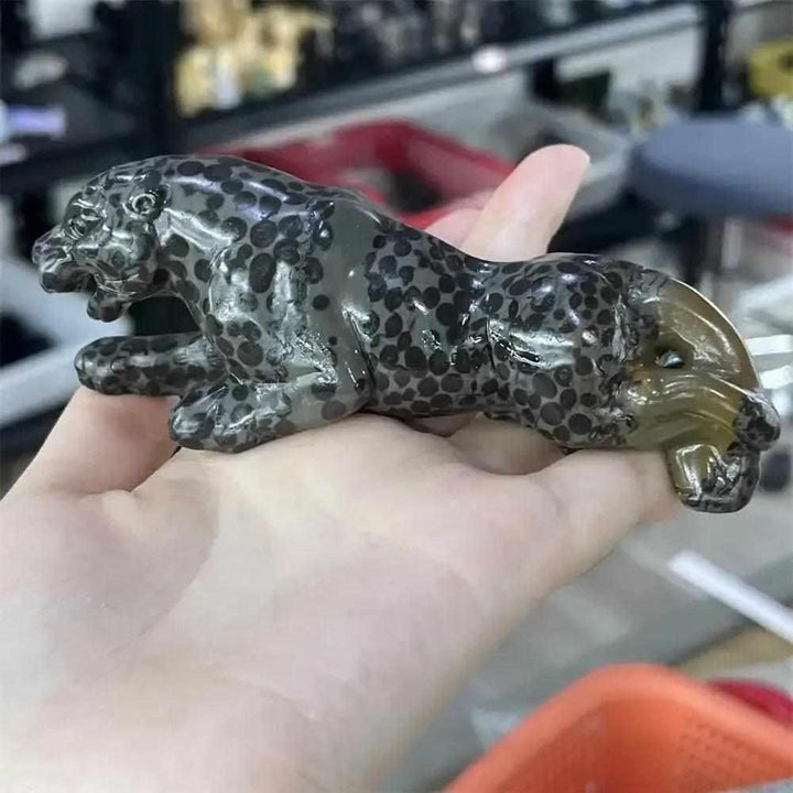 Hand-carved Jasper crystal leopard statue with natural spotted patterns for grounding, strength, and primal focus.