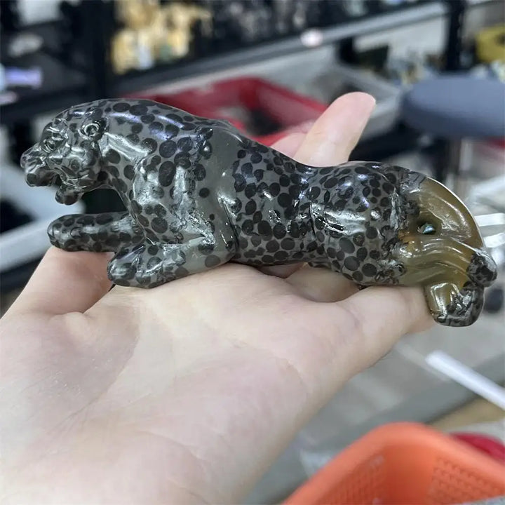 Hand-carved Jasper crystal leopard statue with natural spotted patterns for grounding, strength, and primal focus.