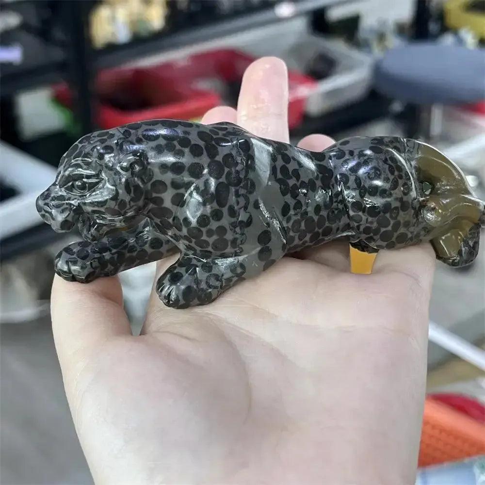 Hand-carved jasper crystal leopard statue with natural spotted patterns for grounding, vitality, and primal strength.
