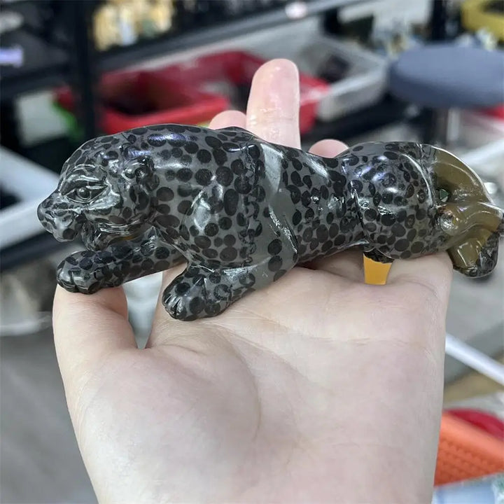 Hand-carved jasper crystal leopard statue with natural spotted patterns for grounding, vitality, and primal strength.