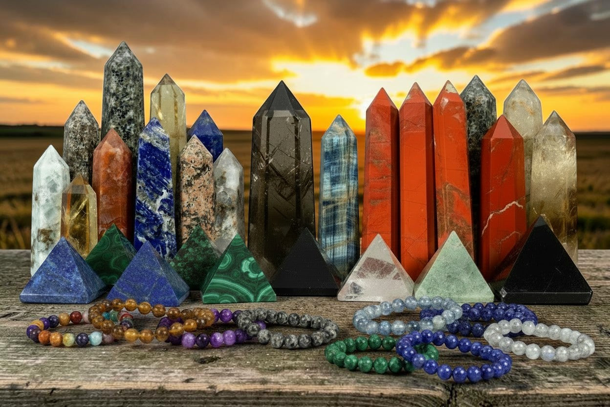July Hero: Stunning collection of crystal towers, pyramids, and beaded bracelets in vibrant colors against a sunset sky.