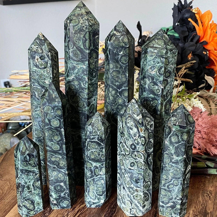 Kambaba Jasper Crystal Point Tower Obelisks in various sizes, showcasing deep green swirls and grounding energy.
