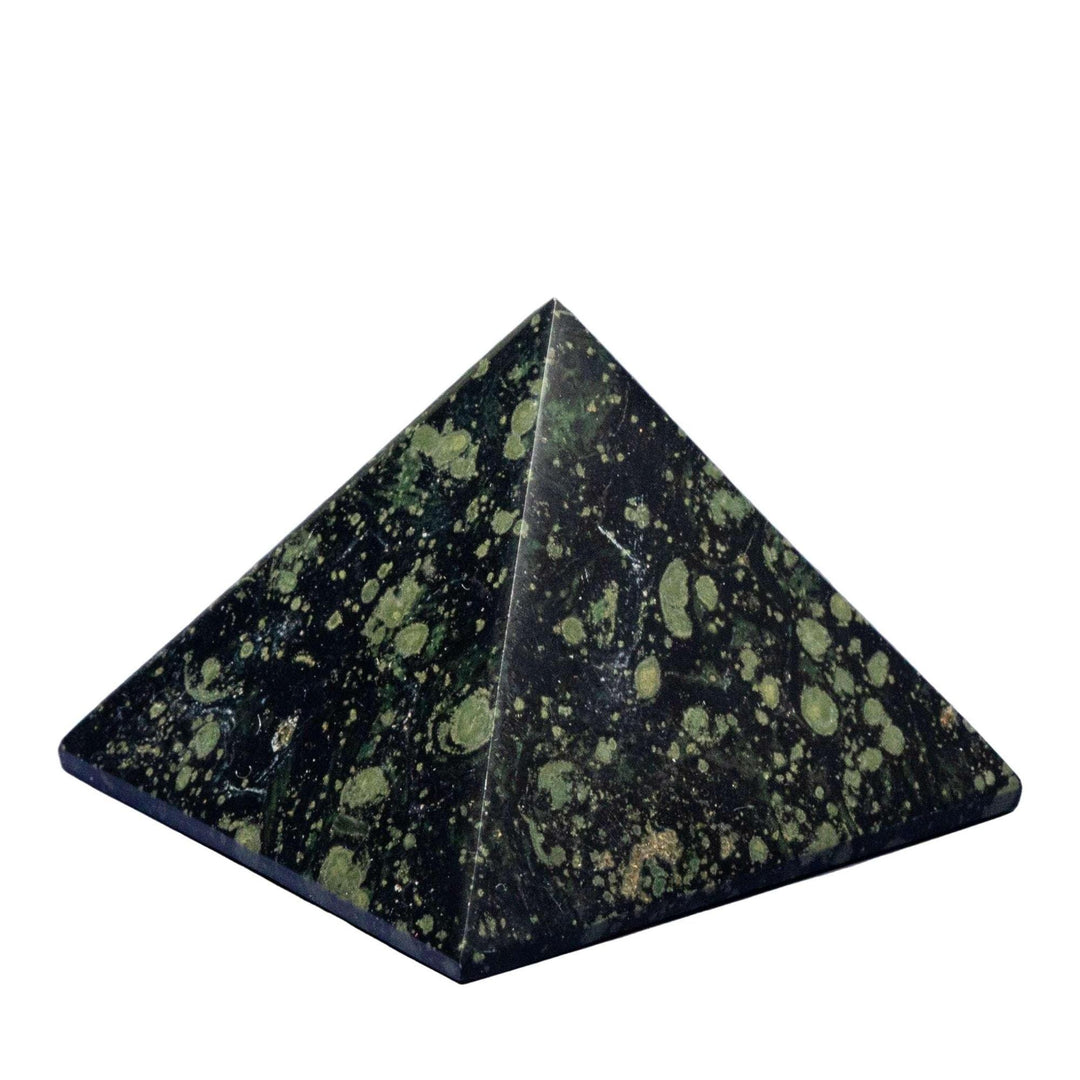 Kambaba Jasper Pyramid: Dark green and black fossilized stone pyramid for deep earth grounding and ancient energy.