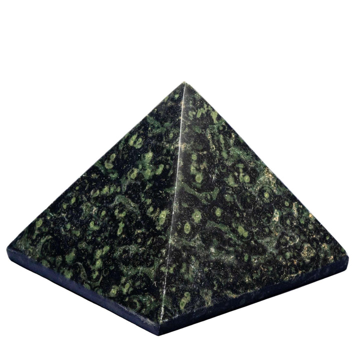 Kambaba Jasper Pyramid with swirling green and black fossilized patterns for deep earth grounding.