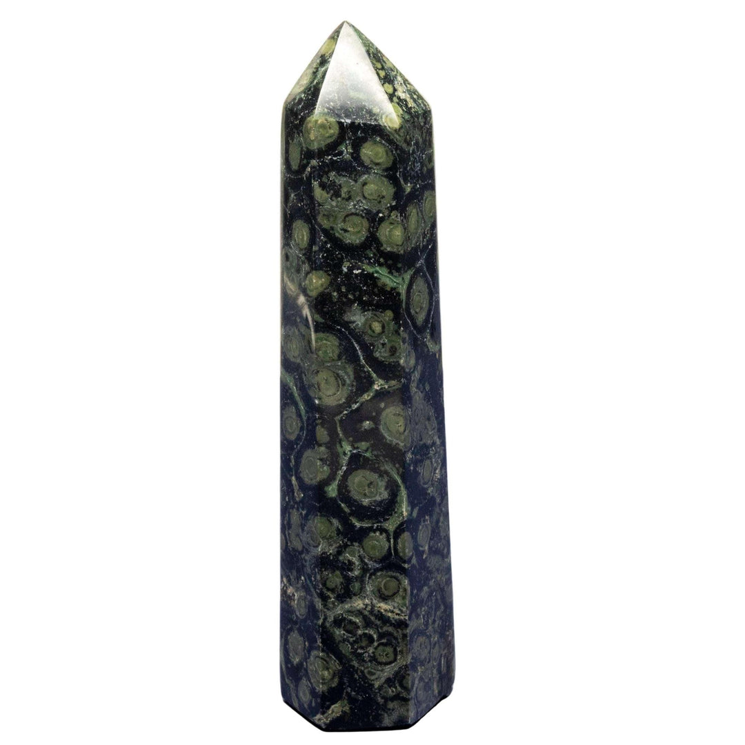 Kambaba Jasper Crystal Tower with swirling green and black fossilized patterns for Root & Heart Chakra grounding.