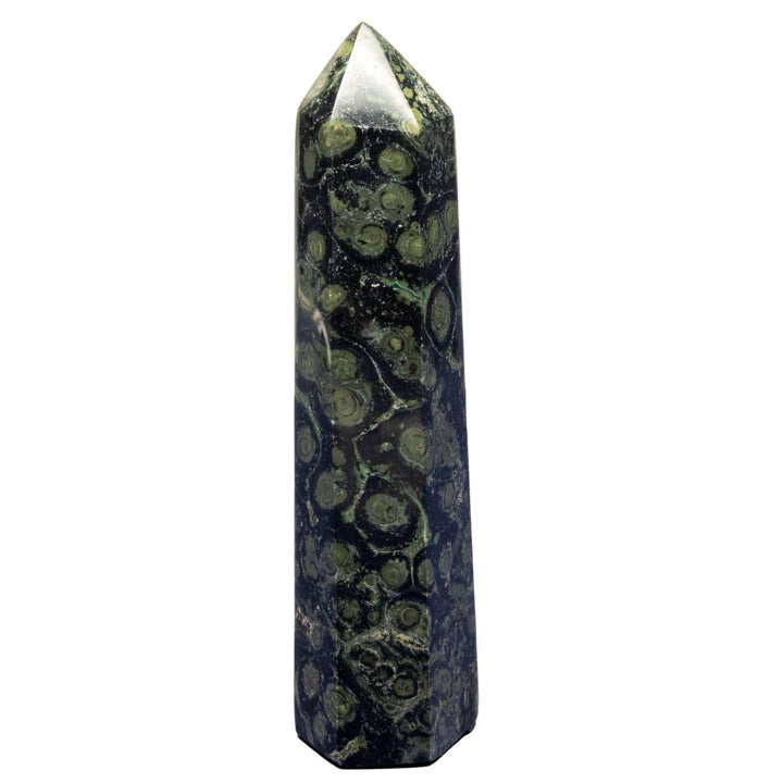 Kambaba Jasper Crystal Tower with swirling green and black fossilized patterns for Root & Heart Chakra grounding.