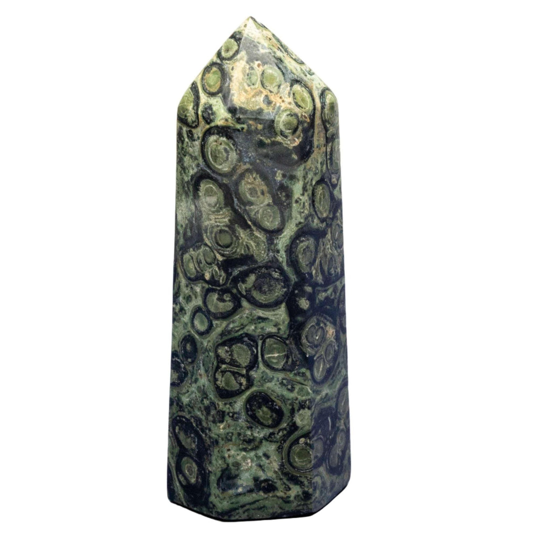 Hand-polished Kambaba Jasper Crystal Tower with swirling green and black fossilized patterns for Root & Heart Chakra.