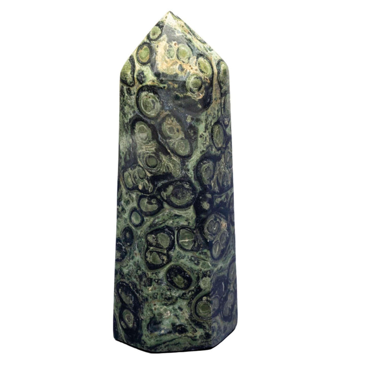 Hand-polished Kambaba Jasper Crystal Tower with swirling green and black fossilized patterns for Root & Heart Chakra.