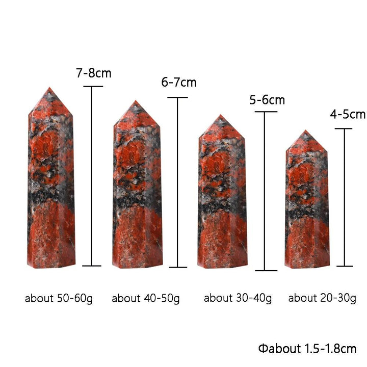 Natural Katophorite gemstone towers in hexagonal prism shapes, featuring vibrant red and black energy healing crystals.